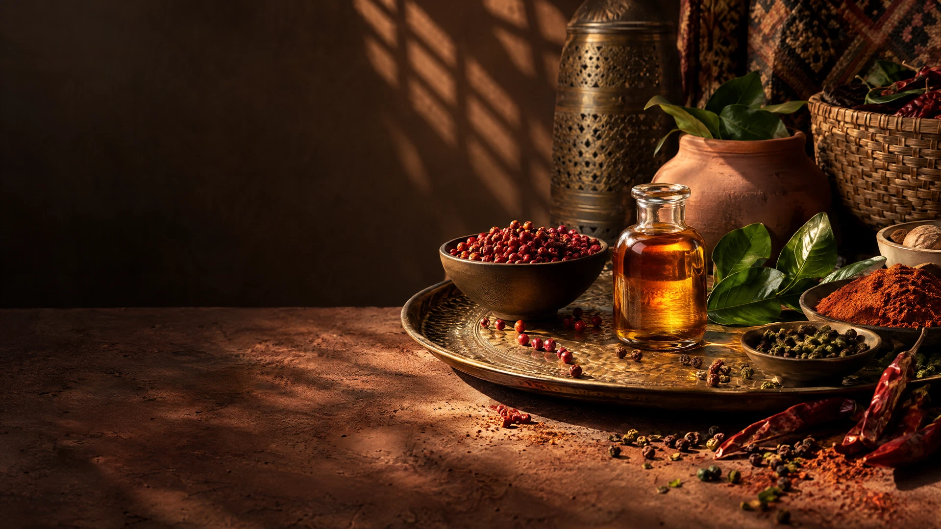 Artisanal spices and amber spice oil styled with Southeast Asian, Middle Eastern and African textures