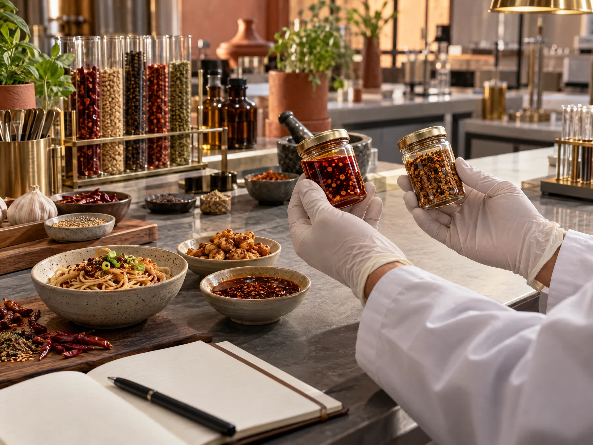 Food technologist compares seasoning and food flavor samples for custom OEM development